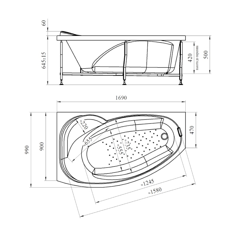Ванна акриловая София левая с каркасом и панелью Radomir